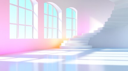 Obraz premium Bright Empty Room with Sunlight, Arched Windows and Winding Staircase