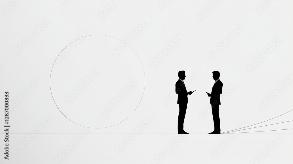 Poster two men engaged in discussion with abstract background in neutral tones during daylight. generative 