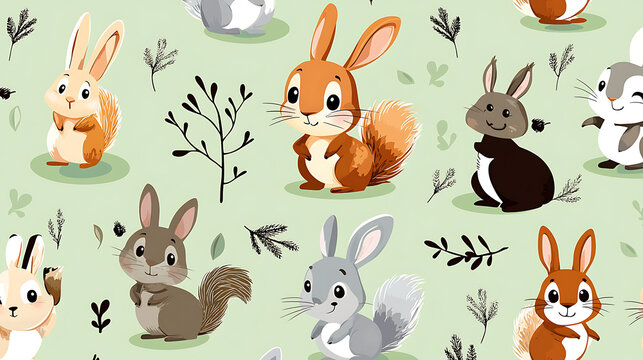 A group of cartoon rabbits and squirrels are sitting in a field. generated using AI