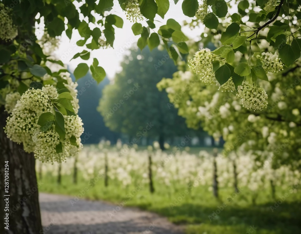 Poster sunlight streams through branches of trees in park, illuminating path lined with lush greenery and b