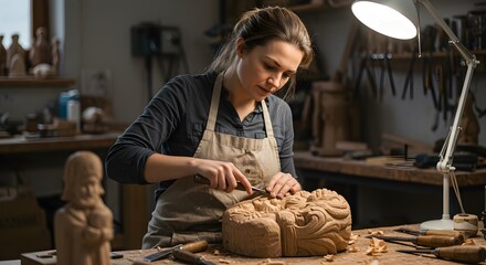 Woman sculptor creating clay artwork in art studio workshop. Professional ceramist working on handmade pottery sculpture with traditional tools and desk lamp lighting