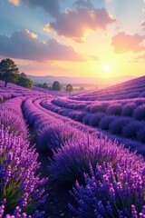 Obraz premium Rolling hills of purple lavender under a bright sun, fragrance, relaxing