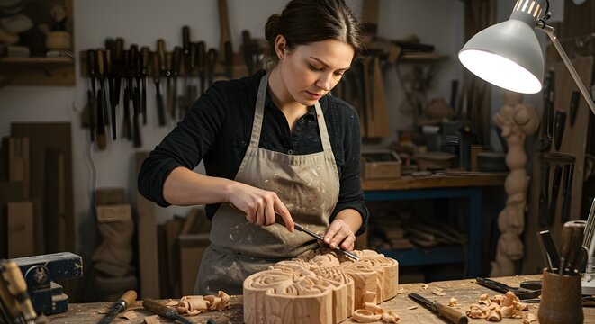 Woman woodcarver working in traditional carpentry workshop. Female artisan carving wooden sculpture with chisel and tools. Handmade craft in vintage style studio with copy space