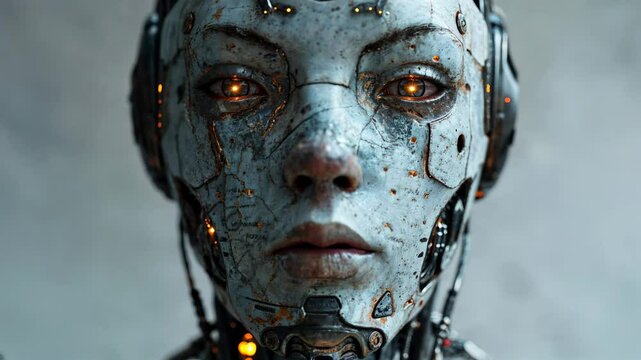 Humanoid robot face, speaking with emotional expression, glowing eyes, cyborg powered by artificial intelligence