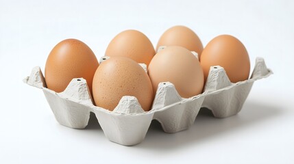 A carton of six eggs on white background