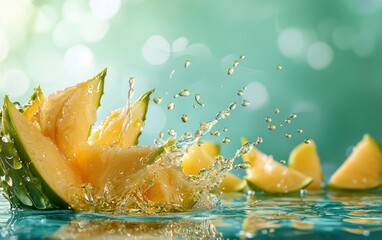 Whole and sliced pandanus fruit with glowing amber juice splashes, soft teal background