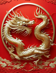 Fototapeta premium Dragonboat festival concept, Golden Dragon Symbolism, podium background, red backdrop, golden dragon’s intricate scales, symbolizing unity, strength, and prosperity, Duanwu, Chinese tradition