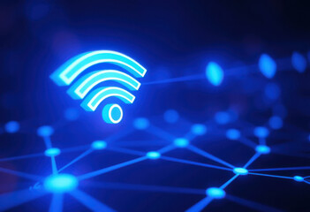 Concepto de conexión y red inalámbrica con icono gráfico de neón azul
