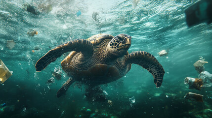 Obraz premium Sea turtle swimming in ocean polluted with plastic waste