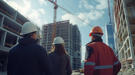 Three Engineers and architects are discussing building progress at a construction site with cranes