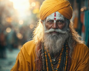 Holy Man in Orange Turban with Intense Spiritual Gaze