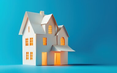 Origami house with paper windows and doors, structured and precise, on sky blue background