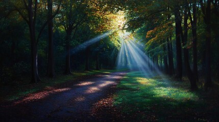 Obraz premium Sunlight streams through lush emerald forest canopy onto pathway with shadows
