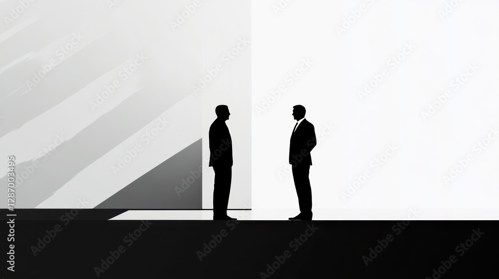 Poster two figures in business attire engaging in conversation on minimalist backdrop during business meeti