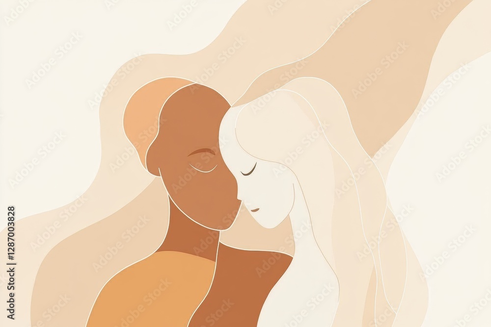 Poster minimalist illustration featuring two people embracing in a warm and serene setting with soft, flowi