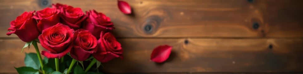 Fototapeta premium A bouquet of red roses against a warm wood background, wood, arrangement, ornate