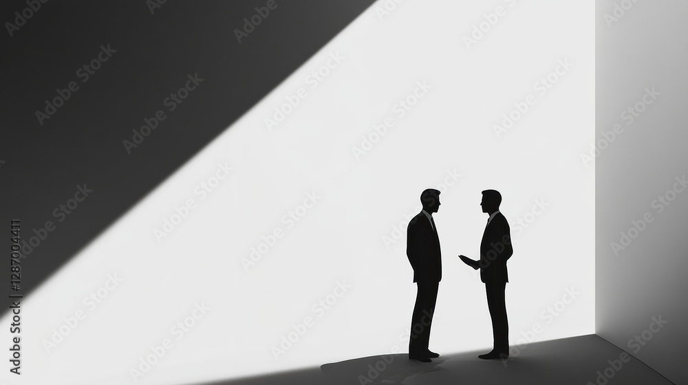 Poster two businessmen engaged in a conversation in a minimalistic setting with dramatic light contrast. ge