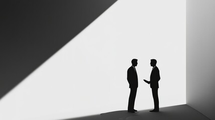 Two businessmen engaged in a conversation in a minimalistic setting with dramatic light contrast. Generative AI