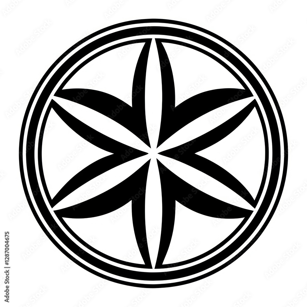 Poster a black and white geometrical design features a six-petal flower-like pattern within a circle. the d