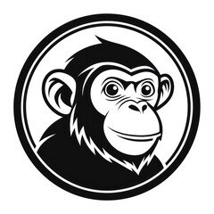 Obraz premium a monochrome illustration of a chimpanzee face within a circular frame, expressing a curious, intelligent look