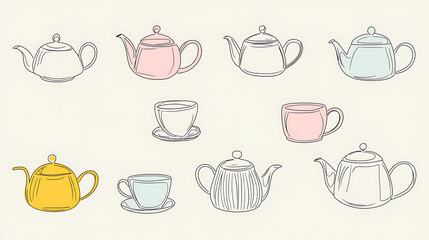 A set of teapots and cups are drawn in different colors and sizes. generated using AI