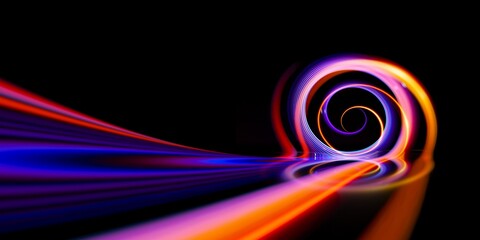 Swirl Stage. Neon glowing technical concept. Abstract cyberpunk Light Trails. Glint bright spiral. Slow shutter light trajectory. Long shiny tape. Accelerate twisted ribbon. Glowing dynamic lines.