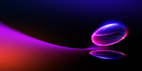 Swirl Stage. Neon glowing purple blue..Abstract virtual fluorescent Dark. Sci Fi technical concept..Cyberpunk Light Trails. slow shutter. Light trajectory.twisted ribbon. Glowing dynamic lines.