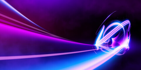 Swirl Stage. Neon glowing purple blue..Abstract virtual fluorescent Dark. Sci Fi technical concept..Cyberpunk Light Trails. slow shutter. Light trajectory.twisted ribbon. Glowing dynamic lines.