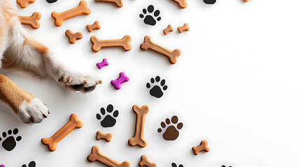 A dog laying on the floor with a pile of bones and paw prints. generated using AI