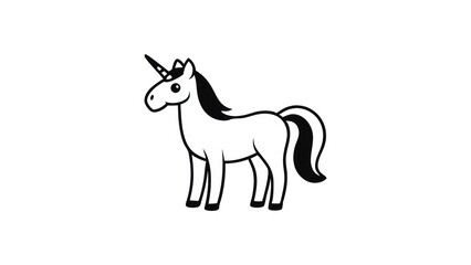 Fototapeta premium Whimsical Black and White Cartoon Unicorn Illustration of Majestic Mythical Creature on White Background