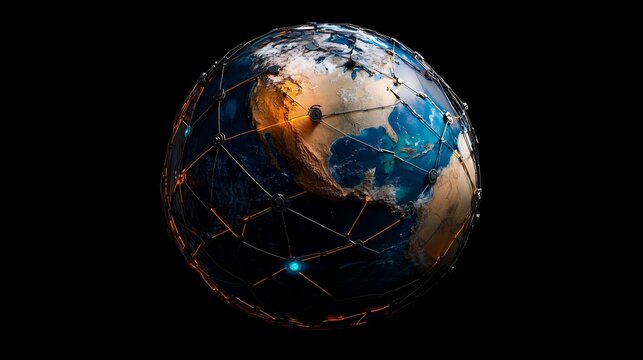 Three Dimensional Visualization of Earth with Illuminated Network Lines Against Black Backdrop
