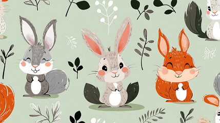 Fototapeta premium Three rabbits and a squirrel are sitting on a green background. generated using AI