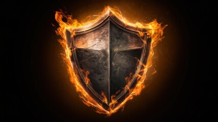 Fototapeta premium Shield with fiery flames, symbolizing protection and strength