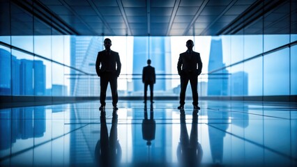 silhouette of three businessmen standing in a modern office looking at city view. The scene evokes a sense of power, ambition, and strategic thinking