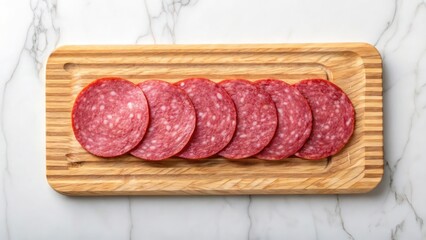 sliced salami arranged neatly on a wooden cutting board. The slices exhibit a rich red hue and a tantalizing texture