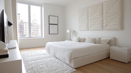 Modern White Bedroom Interior with City View