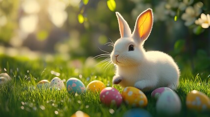 White Rabbit's Springtime Sprint: A fluffy white rabbit dashes across a vibrant green field, its fur gleaming under the sun. A perfect image for      