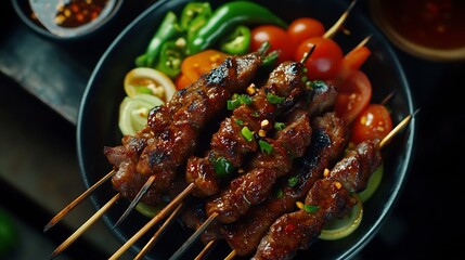 Traditional Indonesian Sate Daging Sapi Beef Skewers on a Wooden Plate