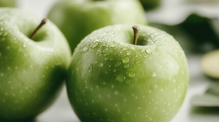 Fresh green apples on a white table with a clean backdrop creating a simple and vibrant aesthetic in a kitchen setting.lutein, zeaxanthin, isoflavones, flavonoids and isothiocyanates. EGCG, an antioxi