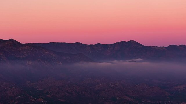 Hyperlapse Ojai California aerial Time Lapse shot mountains and mist - Known as the Pink moment before sunset
