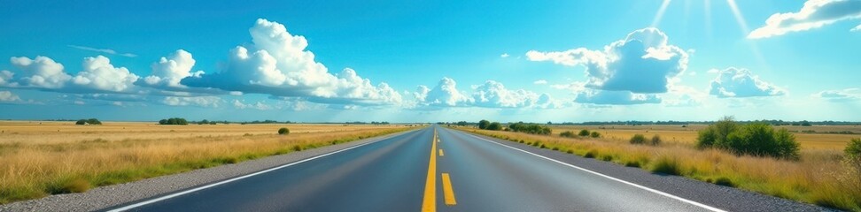 Fototapeta premium Empty lane cuts through vibrant blue sky, clouds drift overhead, lane, clear