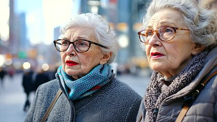 Twin sisters stride with poise down a bustling city avenue. - Powered by Adobe