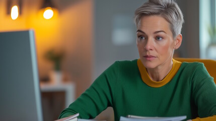 Focused mature woman working on computer, analyzing data for business projects, promoting productivity and concentration
