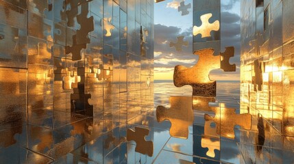 Golden Puzzle Pieces Reflecting Sunset Over Ocean