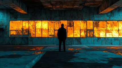 Fototapeta premium Mysterious silhouette of a man standing in an abandoned industrial space with glowing orange windows and blue-toned walls