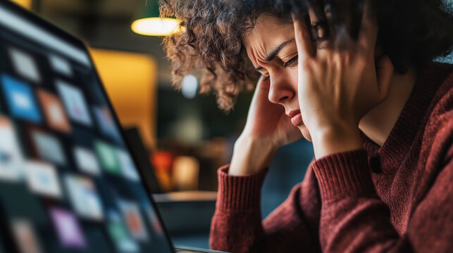 Mental fatigue from digital overload: young woman experiencing stress and cognitive strain in a tech-filled environment