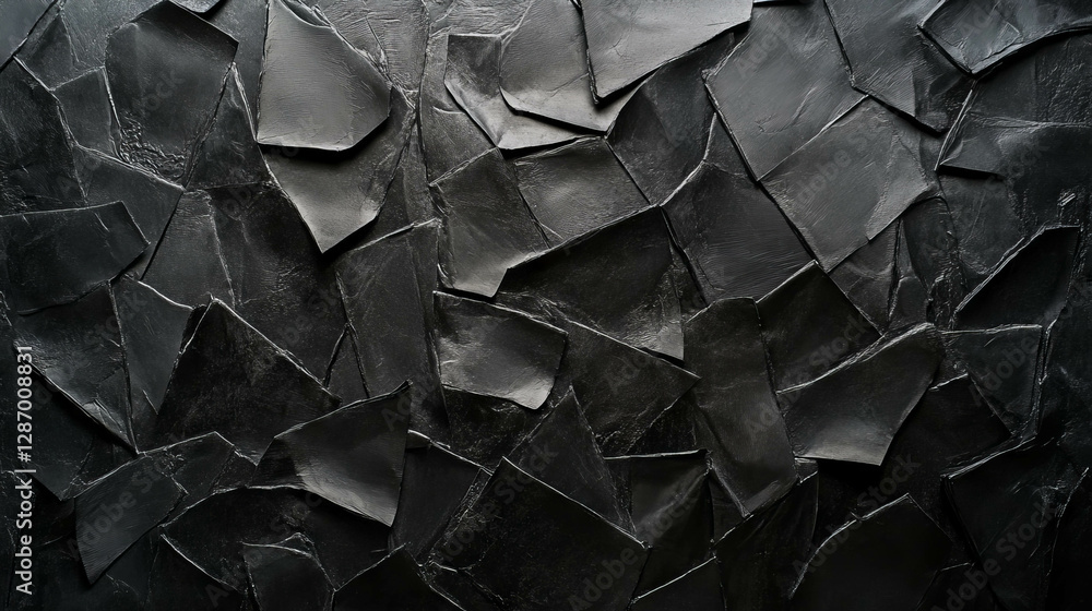 Poster abstract texture of heavily rumpled black paper with sharp geometric shapes