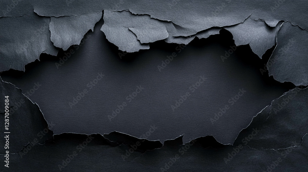 Poster texture of lightly rumpled torn black paper with smooth edges for artistic background and design