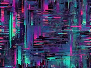 Abstract glitch texture with chaotic digital noise, torn pixels, bright neon colors 
