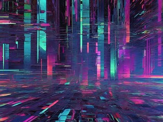 Abstract glitch texture with chaotic digital noise, torn pixels, bright neon colors 